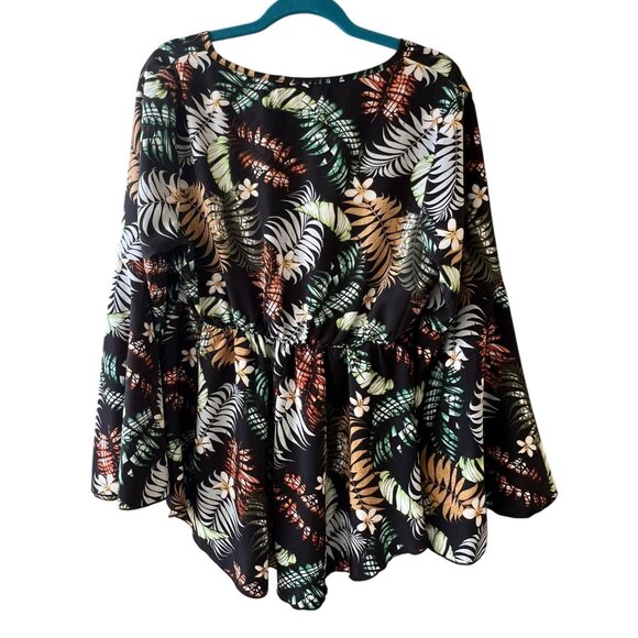 Shein Curve Womens 1XL Black Floral BellSleeve FauxWrap Top Tropical Lightweight - Picture 7 of 8